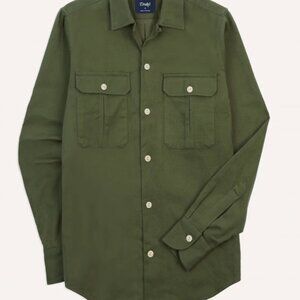 Drakes - Olive Brushed Cotton Twill Two-Pocket Camp Collar Work Shirt - Size S
